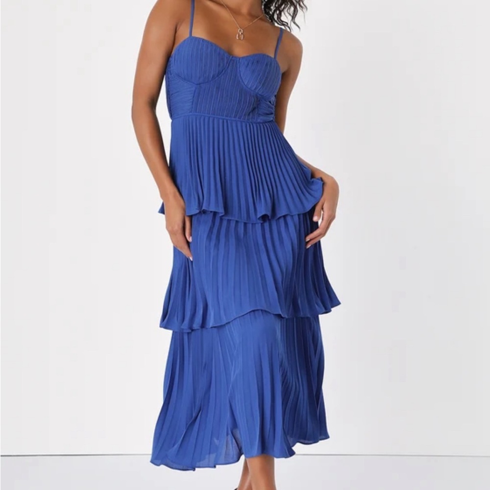 Lulus Cascading Crush Cobalt Blue Tiered Bustier Midi Dress